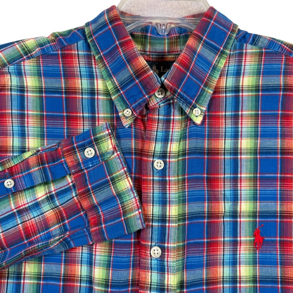 Ralph Lauren Button Down Mens Large Blue Plaid Cotton Linen Classic Fit Shirt